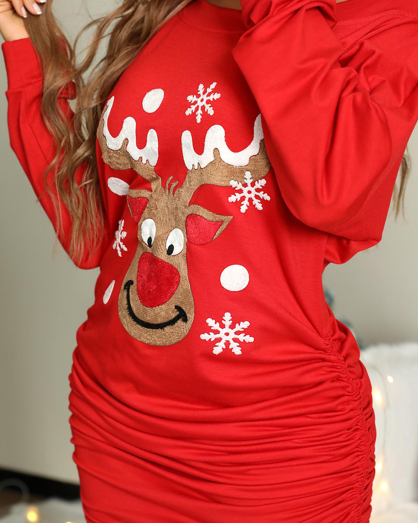 Christmas Moose Print Drawstring Sweatshirt Dress