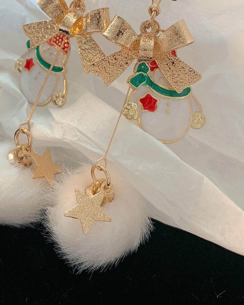 Christmas Bowknot Snowman Pattern Pom Pom Drop Earrings