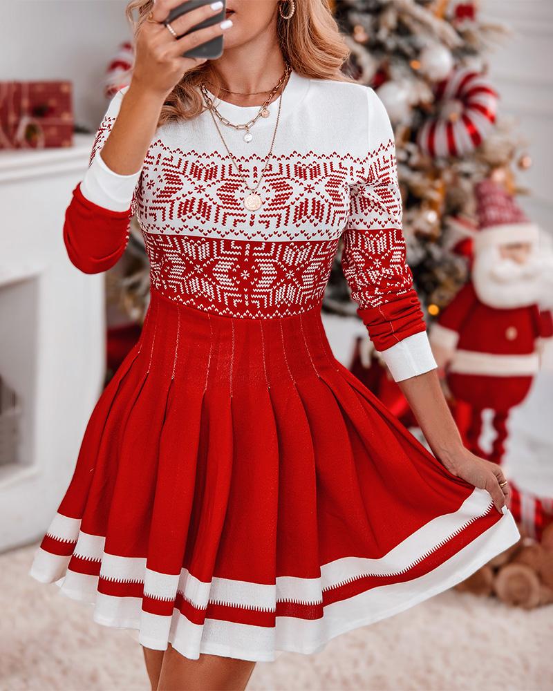 Vestido plisado de manga larga con estampado de copos de nieve navideños