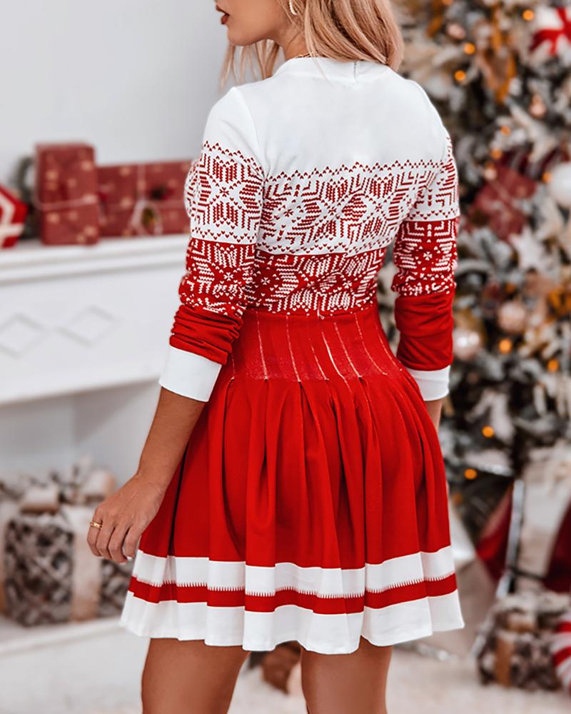 Christmas Snowflake Print Long Sleeve Pleated Dress