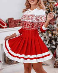 Vestido plisado de manga larga con estampado de copos de nieve navideños