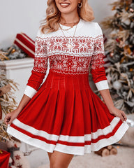 Vestido plisado de manga larga con estampado de copos de nieve navideños