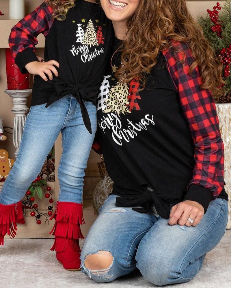 Christmas Long Sleeve Tree Letter Plaid Print Top