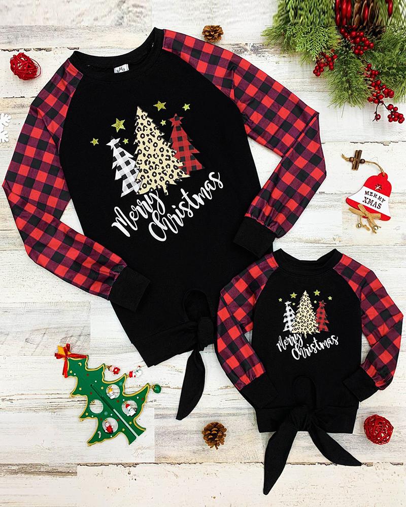 Christmas Long Sleeve Tree Letter Plaid Print Top