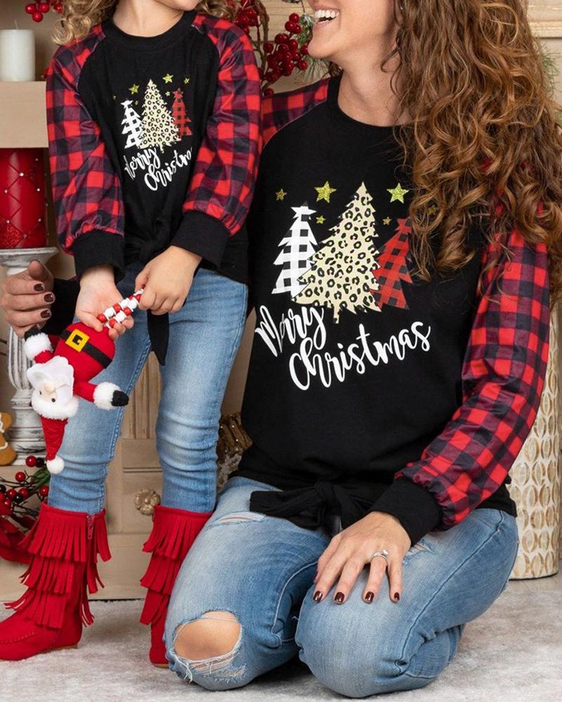 Christmas Long Sleeve Tree Letter Plaid Print Top