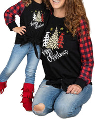 Christmas Long Sleeve Tree Letter Plaid Print Top