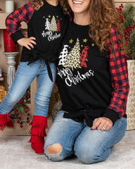 Christmas Long Sleeve Tree Letter Plaid Print Top