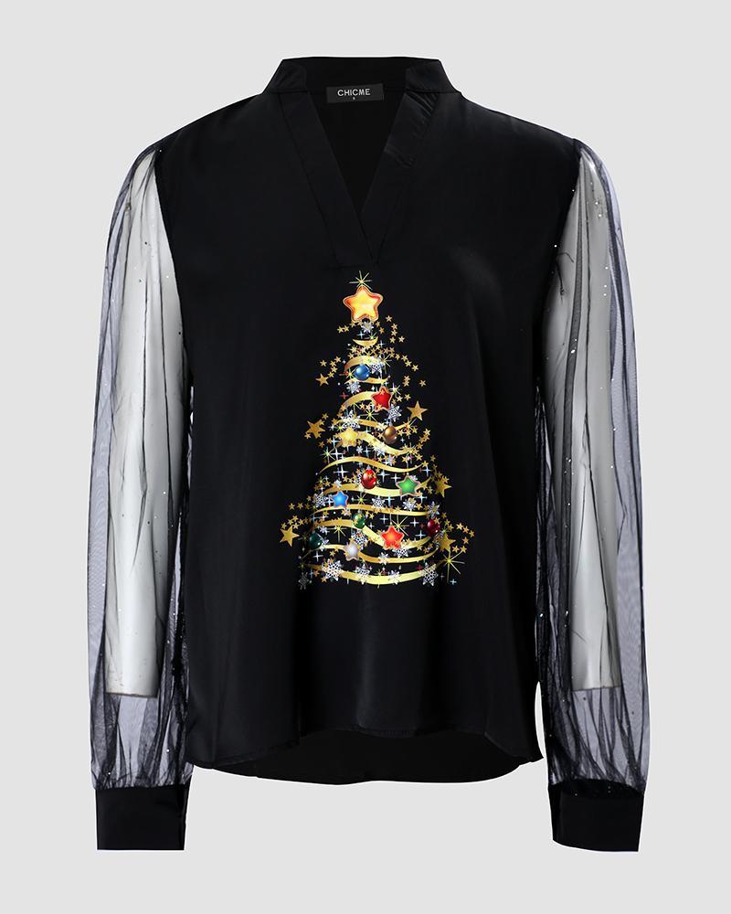 Top de malla transparente con mangas farol y estampado de árbol de Navidad