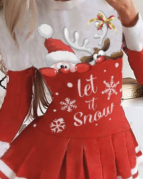 christmas reindeer mixed print knit long sleeve dress Winter Tree Snowflake Reindeer Fair Isle Classic Knit Long Sleeve Mini Sweater Dress Black / XL