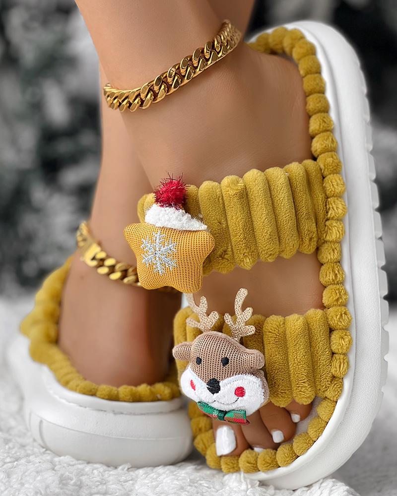 Christmas Cartoon Elk Santa Claus Pattern Fuzzy Winter Slippers