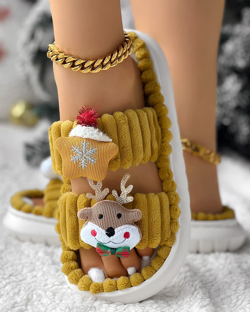 Christmas Cartoon Elk Santa Claus Pattern Fuzzy Winter Slippers