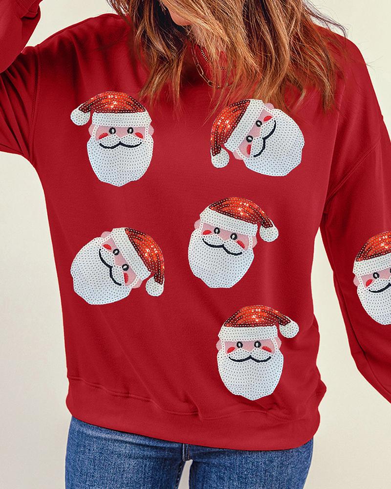 Christmas Santa Claus Pattern Contrast Sequin Sweatshirt