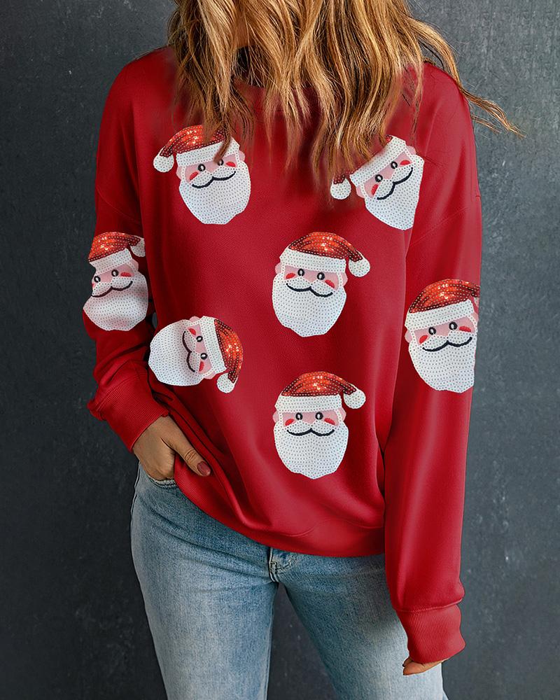 Christmas Santa Claus Pattern Contrast Sequin Sweatshirt