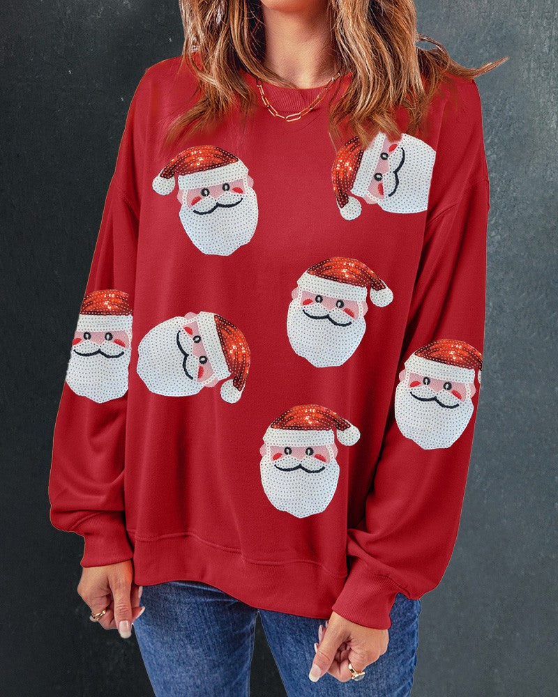 Christmas Santa Claus Pattern Contrast Sequin Sweatshirt