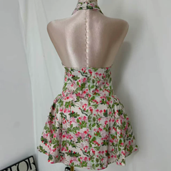 Deep V-Neck Halter Dress With Vintage Print