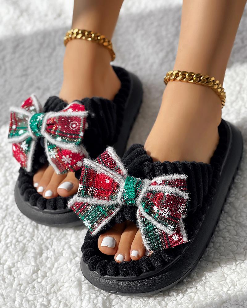 Christmas Plaid Bowknot Design Non Slip Fuzzy Winter Slippers