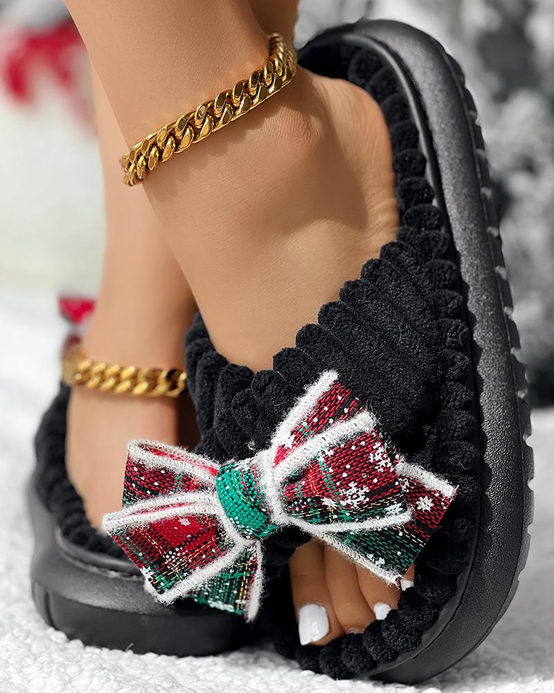 Christmas Plaid Bowknot Design Non Slip Fuzzy Winter Slippers