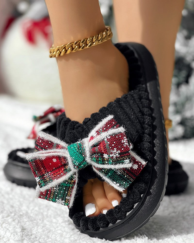 Christmas Plaid Bowknot Design Non Slip Fuzzy Winter Slippers