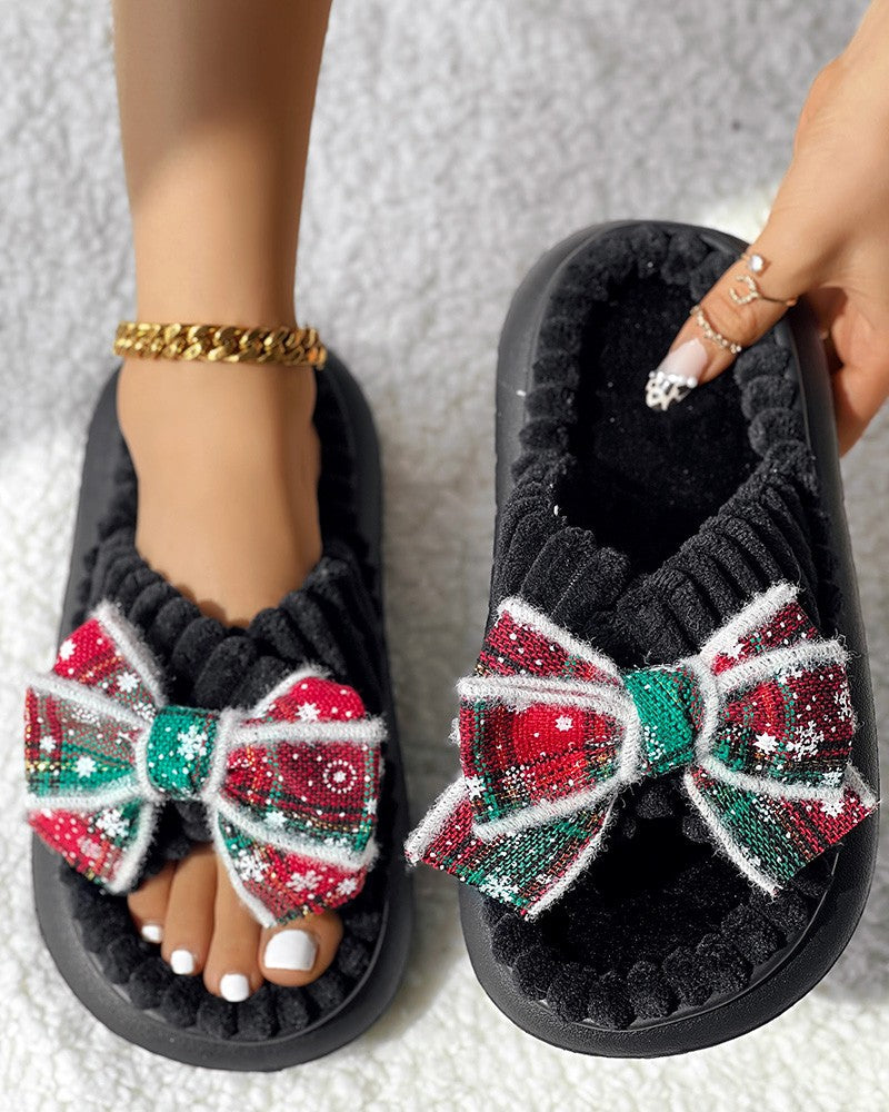 Christmas Plaid Bowknot Design Non Slip Fuzzy Winter Slippers