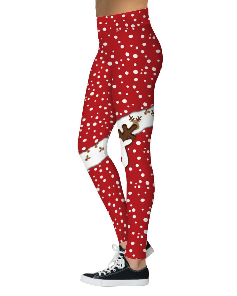 Christmas Snowflake Cartoon Elk Cat Print Leggings