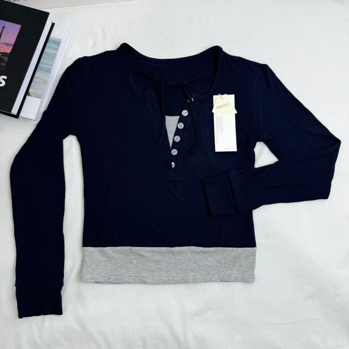 Color-Blocked Faux Two-Piece Long-Sleeved Top