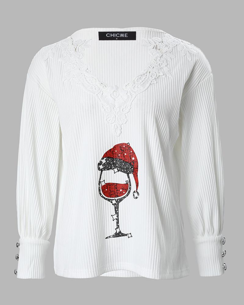 Christmas Wine Glass Print Lace Patch Long Sleeve Top