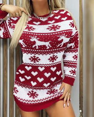 Christmas Elk Heart Snowflake Print Knit Casual Dress