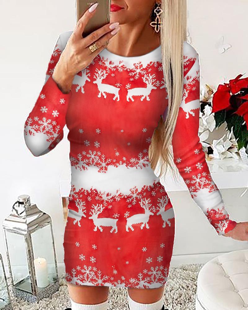 Vestido navideño de manga larga con estampado de copos de nieve y renos