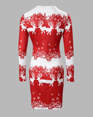 Christmas Reindeer Snowflake Print Long Sleeve Dress