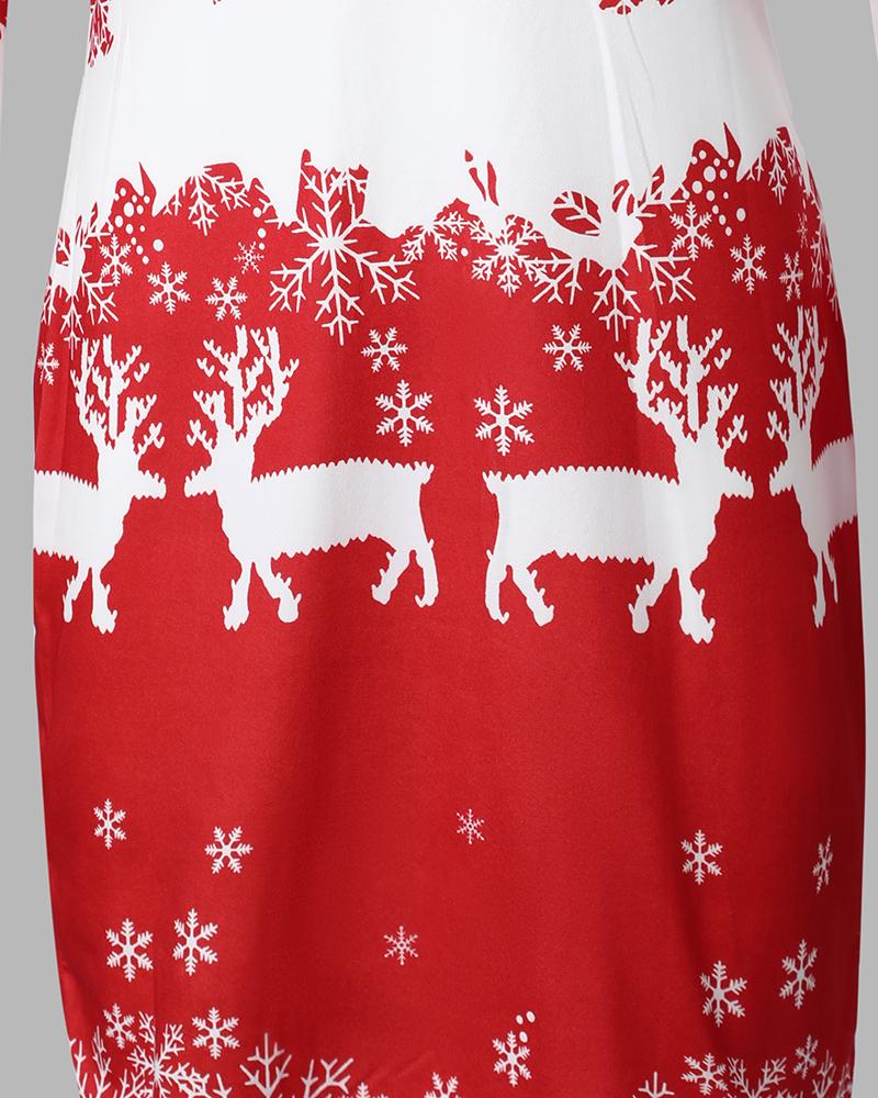 Christmas Reindeer Snowflake Print Long Sleeve Dress