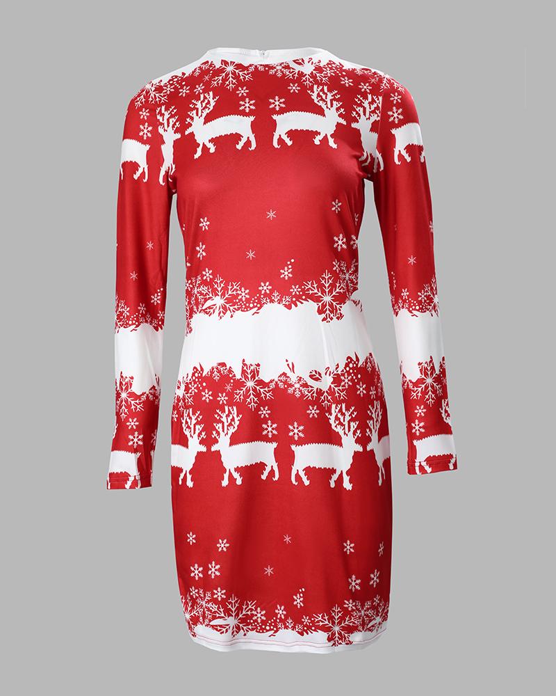 Christmas Reindeer Snowflake Print Long Sleeve Dress