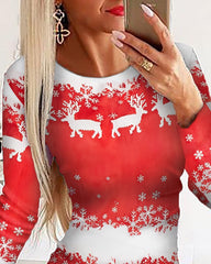 Christmas Reindeer Snowflake Print Long Sleeve Dress