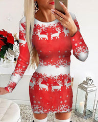 Christmas Reindeer Snowflake Print Long Sleeve Dress