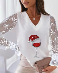 Christmas Wine Glasses Print Lace Sheer Mesh Top