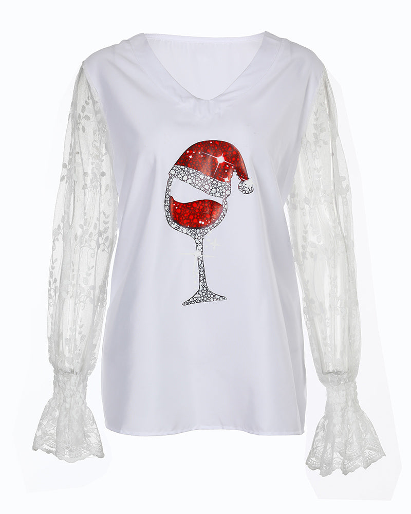 Christmas Wine Glasses Print Lace Sheer Mesh Top