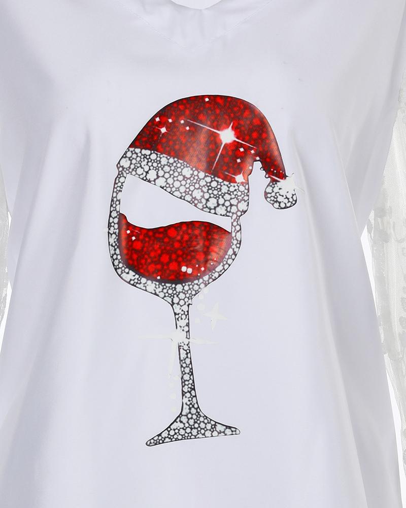 Christmas Wine Glasses Print Lace Sheer Mesh Top