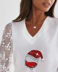 Christmas Wine Glasses Print Lace Sheer Mesh Top