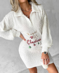 Christmas Letter Pattern Contrast Sequin Fuzzy Casual Dress