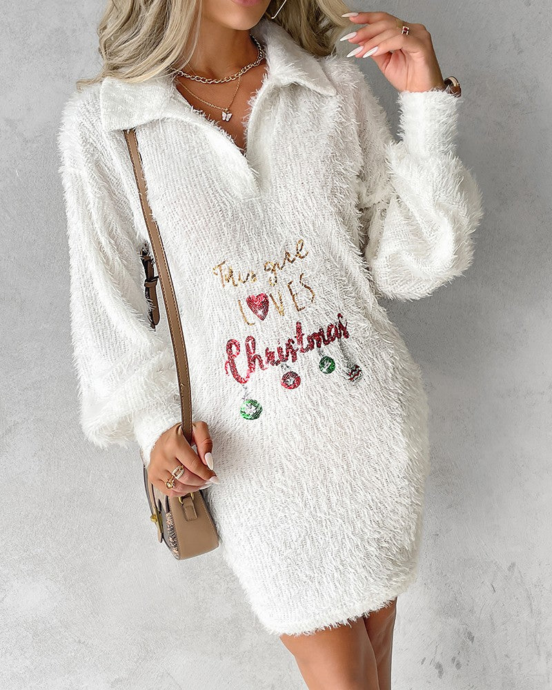 Christmas Letter Pattern Contrast Sequin Fuzzy Casual Dress