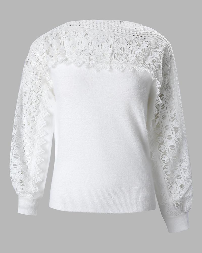 Guipure Lace Lantern Sleeve Knit Sweater