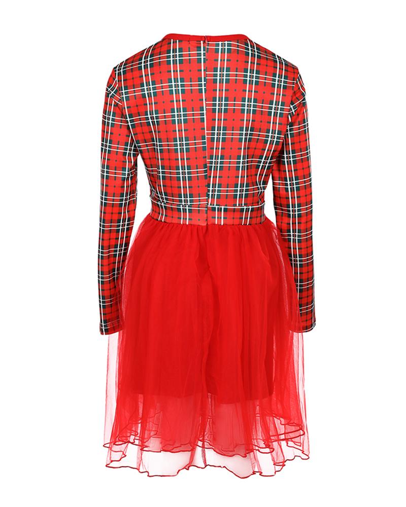 Christmas Plaid Print Bowknot Decor Mesh Long Sleeve Dress