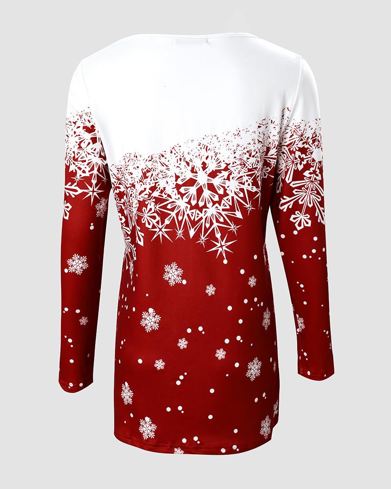 Christmas Snowflake Print Asymmetrical Neck Top