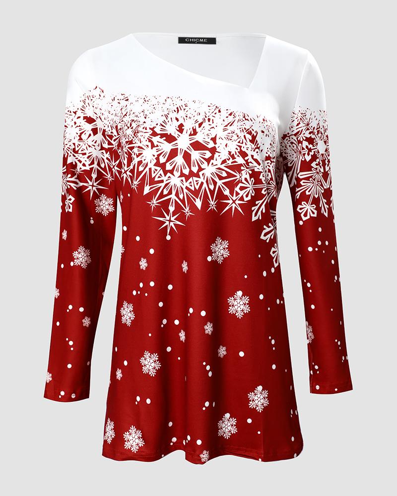 Christmas Snowflake Print Asymmetrical Neck Top