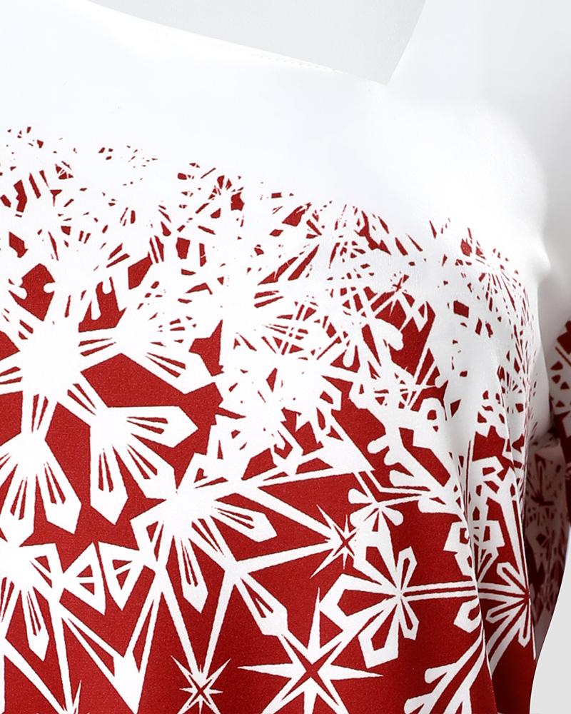 Christmas Snowflake Print Asymmetrical Neck Top