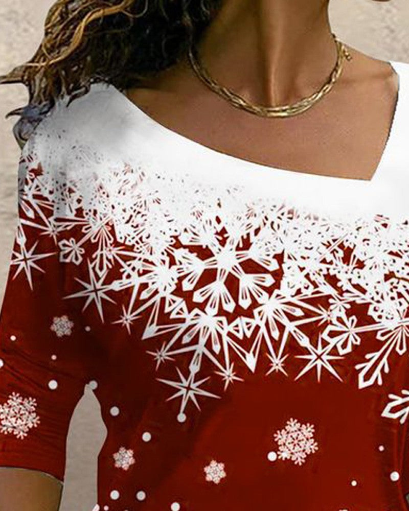 Christmas Snowflake Print Asymmetrical Neck Top