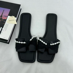 Black Bow-Detail Flat Slides