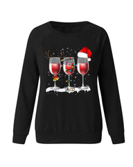 Christmas Hat Wine Glass Print Long Sleeve Top