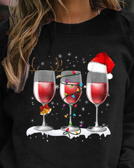 Christmas Hat Wine Glass Print Long Sleeve Top