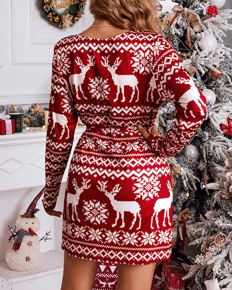 Christmas Print Cold Shoulder Dress