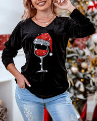 Christmas Hat Wine Glasses Print Long Sleeve Top